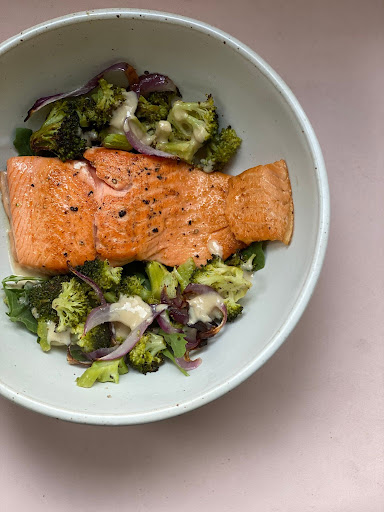 Recipe Challenge- Simple Roasted Salmon and Veggies With Miso Tahini Dressing