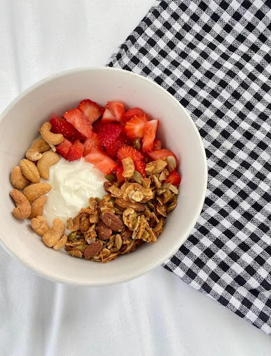 Yogurt, berries, nuts, granola